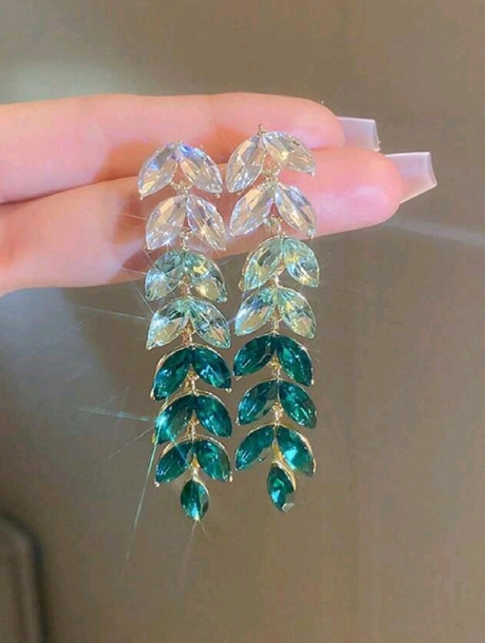 Elegant Green Leaf Rhinestone Drop Earrings